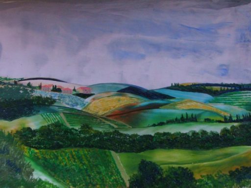 Encaustic wax painting showing the Tuscan green hills with poplar trees and a few cottages with terracotta roofs in the background.