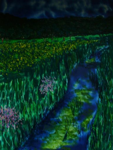 A wax painting of the river and lily pads with lots of green reeds and yellow flowers in the background.