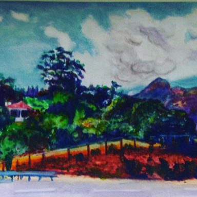 Watercolour of a Victorian cottage in foreground with mountains of Stellenbosch in the background with purple and blues against red earth