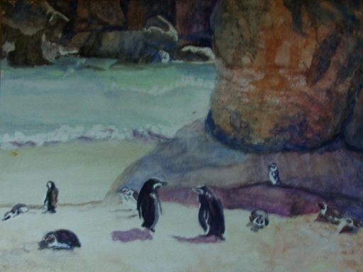 Watercolour of Simonstown Boulders beach with Jackass penguins on sand two of them looking at each other. Boulders in brown, clear blue sea.