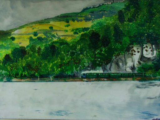Encaustic wax painting of Llanberis railway steam train moving below green hills and lake in front.