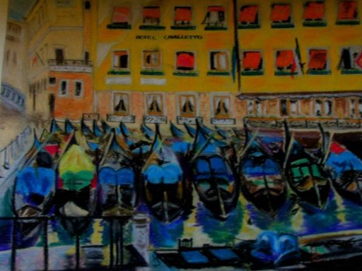 Pastel sketch showing Venice gondolas moored in harbour with hotels in yellow behind and bridge to left. Large gondola in foreground.